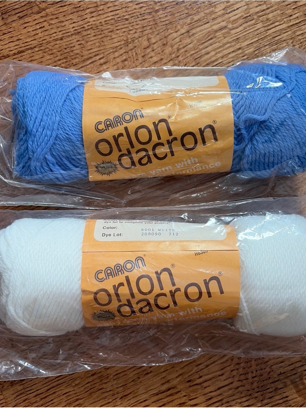 Vintage Caron Orlon Dacron Plus Yarn Lot of 2 Skeins White Blue 4 Ply Worsted